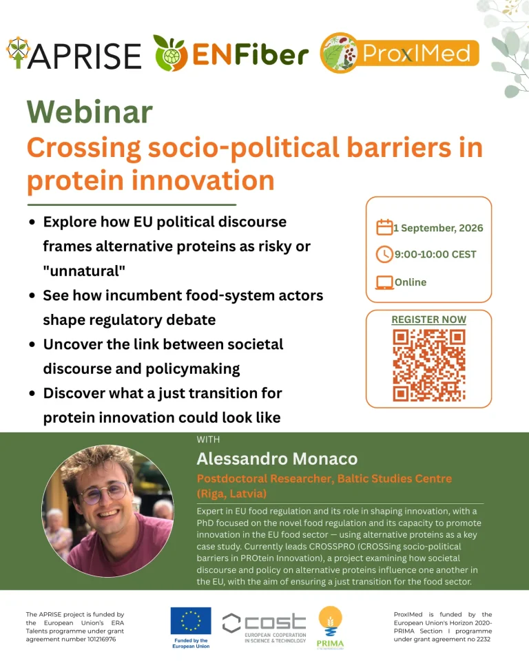Poster for the APRISE, ENFiber and ProxIMed webinar “Crossing Socio-Political Barriers in Protein Innovation,” featuring Alessandro Monaco on 1 September 2026.