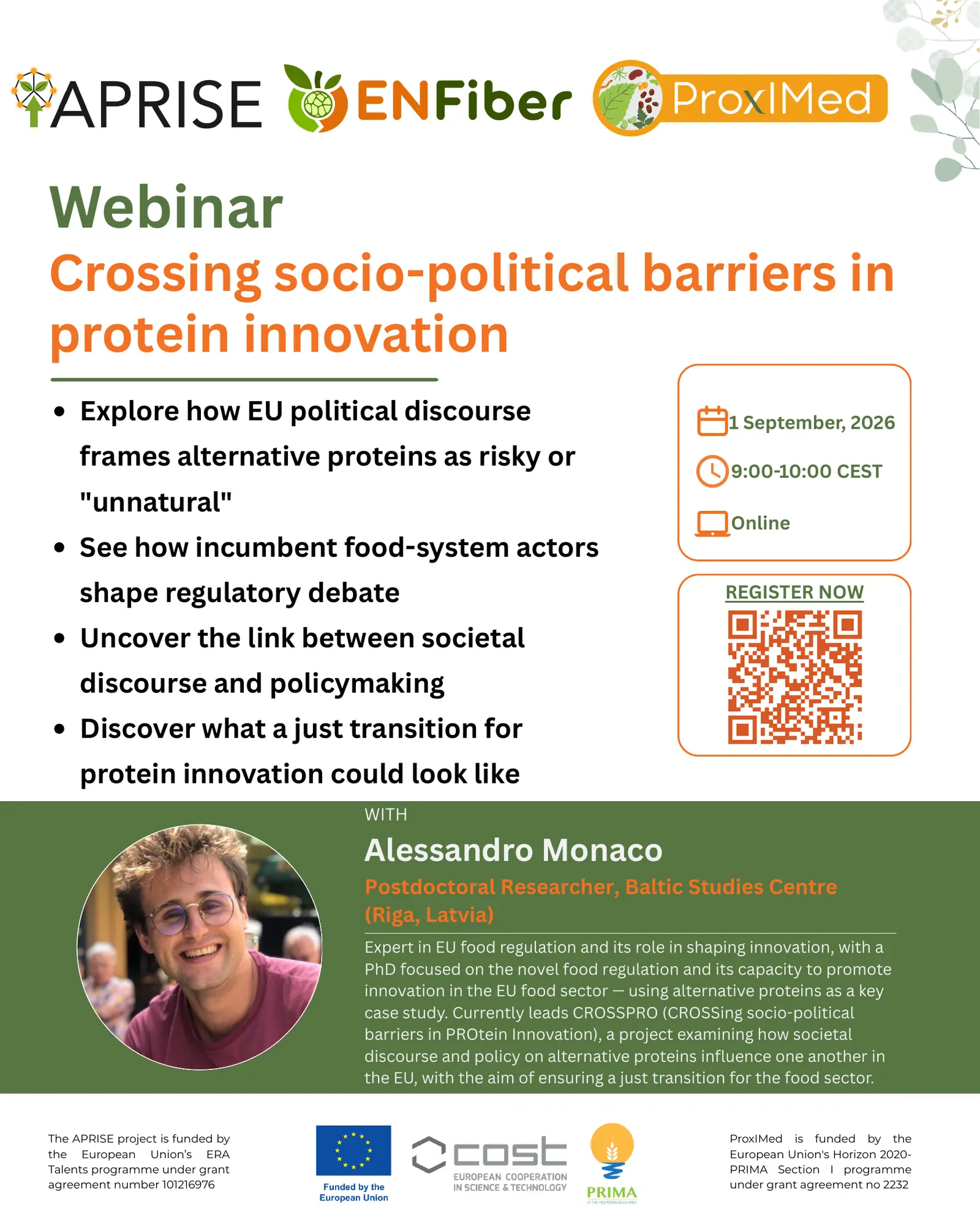 Poster for the APRISE, ENFiber and ProxIMed webinar “Crossing Socio-Political Barriers in Protein Innovation,” featuring Alessandro Monaco on 1 September 2026.